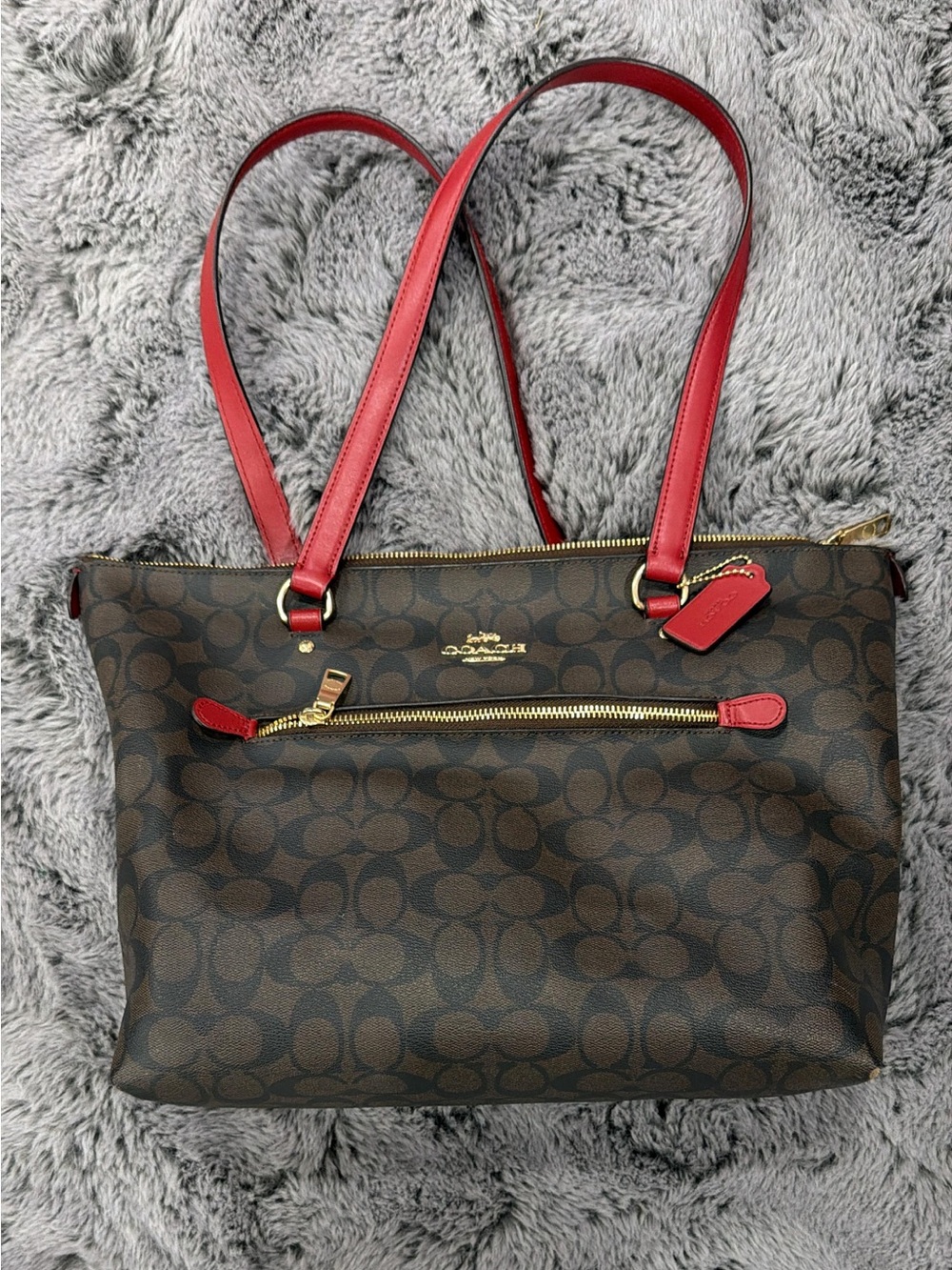 Coach Brown Signature Tote with Red Leather Trim